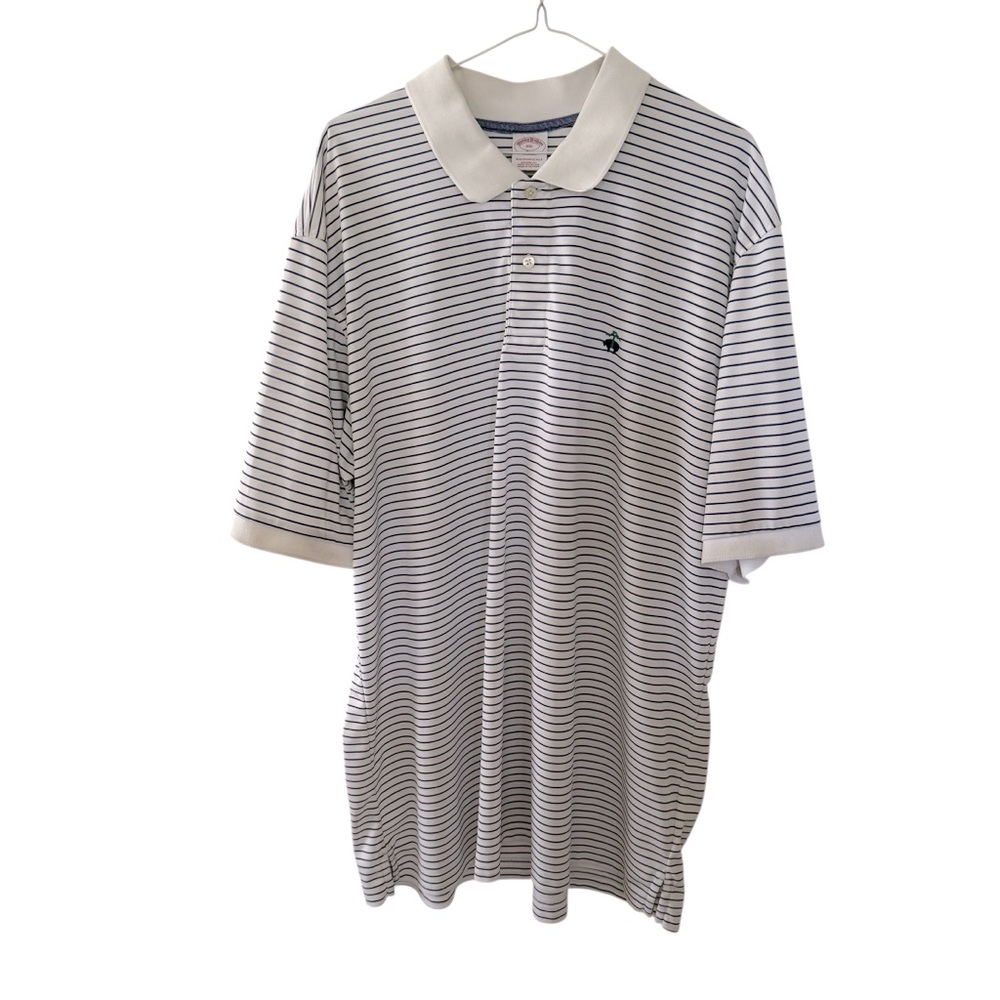 Brooks Brothers Performance Polo Shirt Men XXL White and Navy Blue Striped Golf